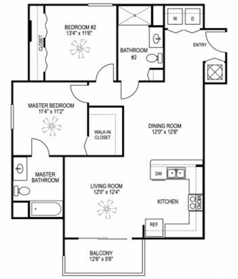 Floor plan for 2 beds, 2 baths, 939 sqft
